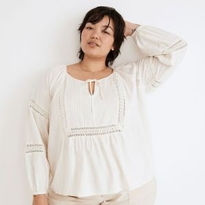 Madewell Plus Linen-Blend Pintuck Peasant Top NWT